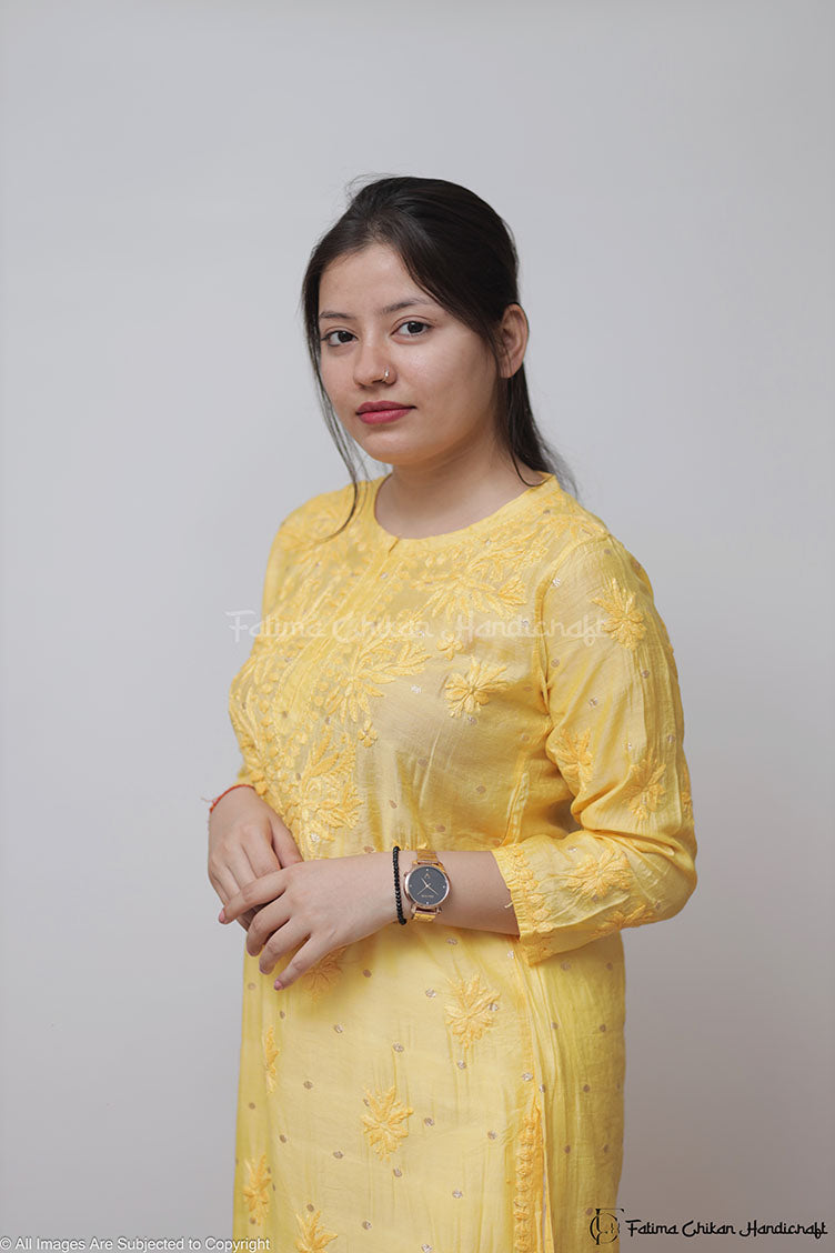 GAZAL YELLOW CHANDERI COTTON STRAIGHT CHIKANKARI KURTI