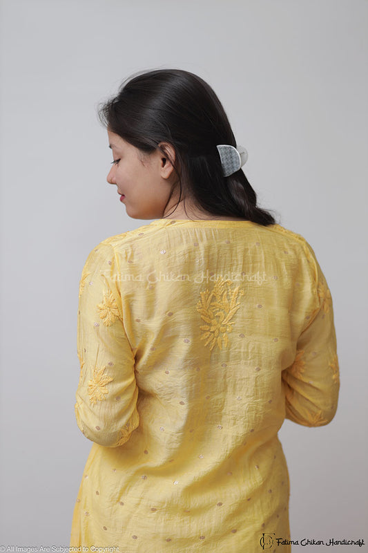 GAZAL YELLOW CHANDERI COTTON STRAIGHT CHIKANKARI KURTI