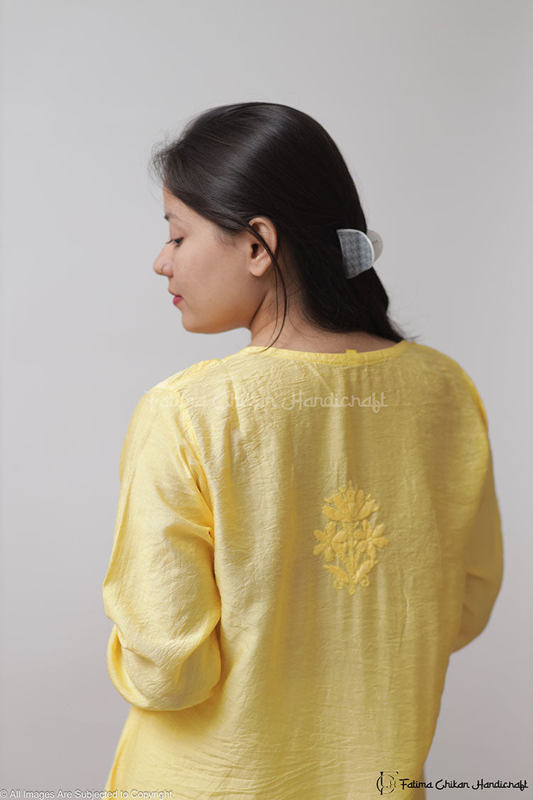 YELLOW DUHA CHANDERI NYRA CHIKANKARI KURTA