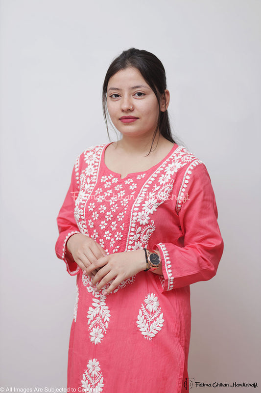 HOT PINK SAZIA COTTON STRAIGHT CHIKANKARI KURTI