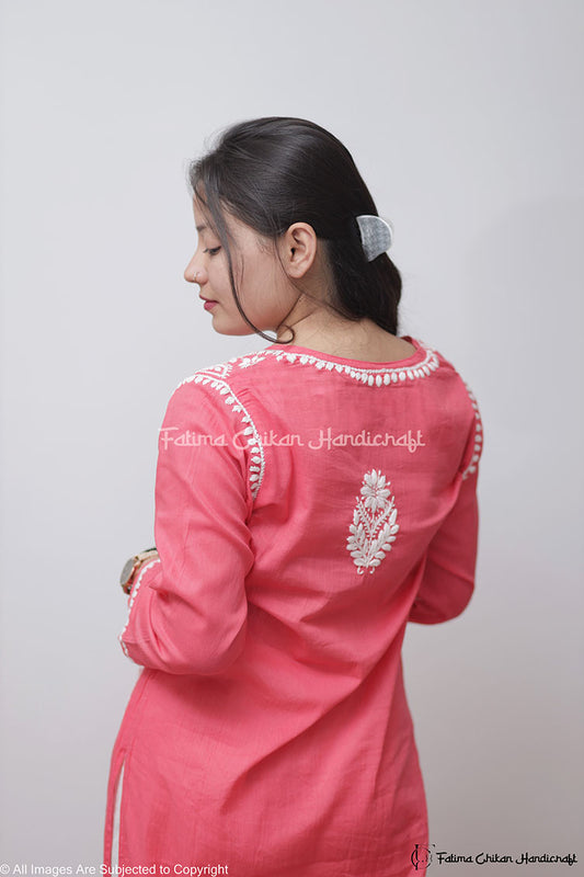 HOT PINK SAZIA COTTON STRAIGHT CHIKANKARI KURTI