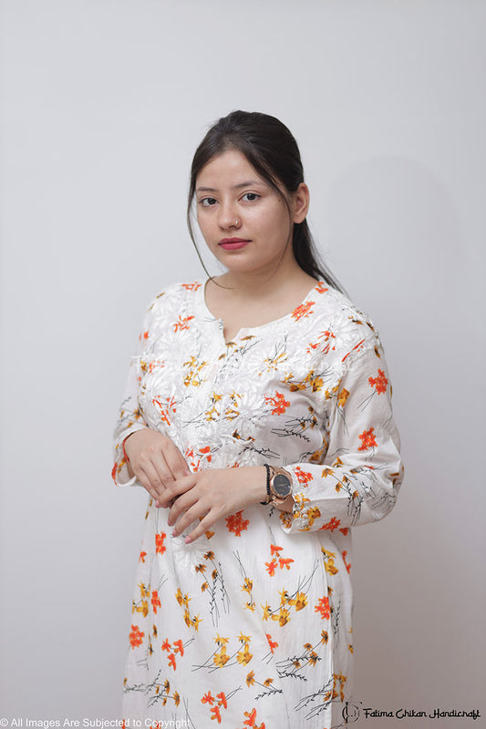 RUST ZOYA MULMUL CHIKANKARI STRAIGHT KURTA