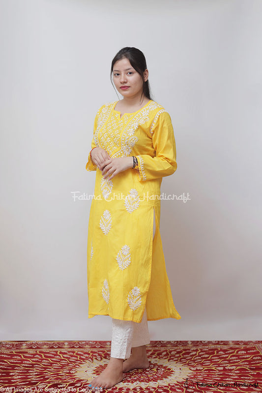 YELLOW SAZIA COTTON STRAIGHT CHIKANKARI KURTI