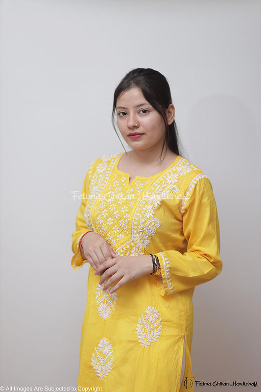 YELLOW SAZIA COTTON STRAIGHT CHIKANKARI KURTI