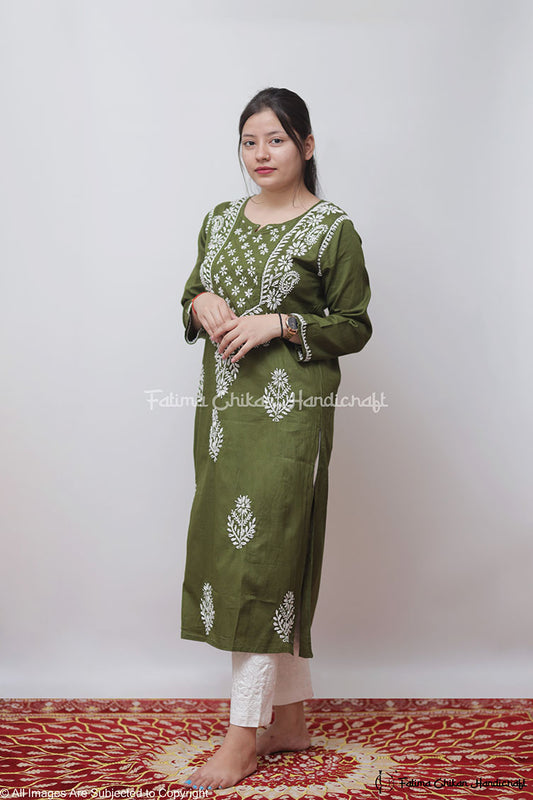 GREEN SAZIA COTTON STRAIGHT CHIKANKARI KURTI