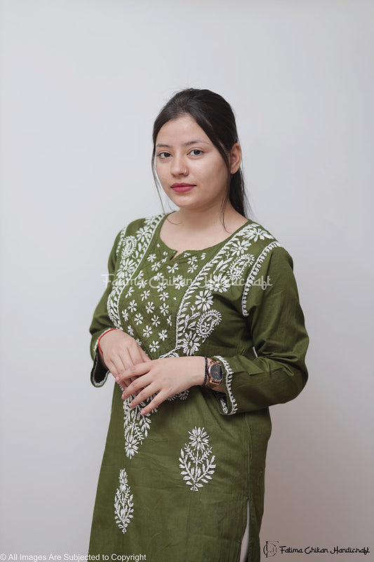 GREEN SAZIA COTTON STRAIGHT CHIKANKARI KURTI