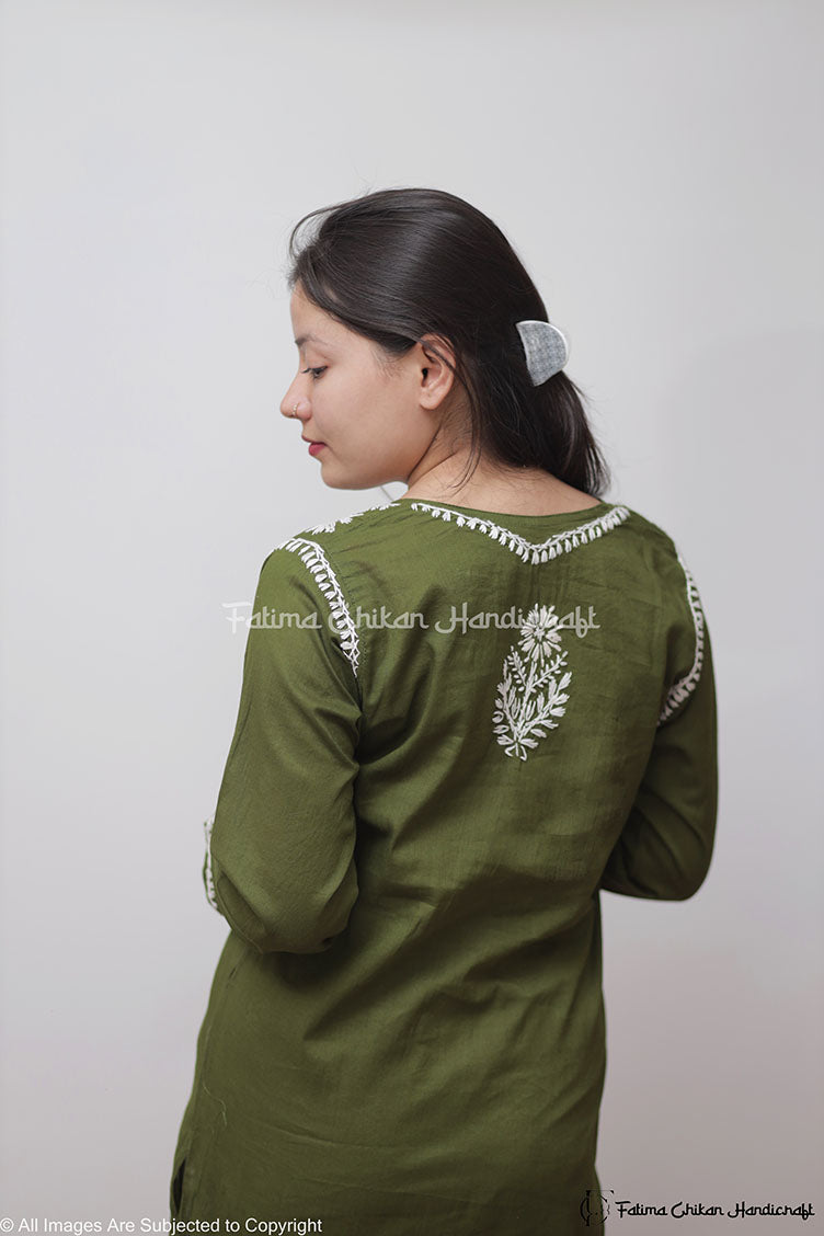 GREEN SAZIA COTTON STRAIGHT CHIKANKARI KURTI