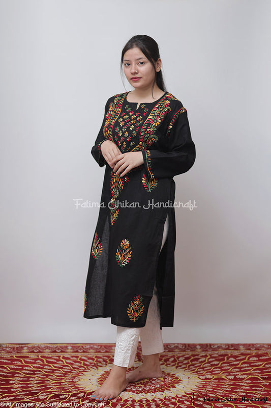 BLACK MULTI SAZIA COTTON STRAIGHT CHIKANKARI KURTI