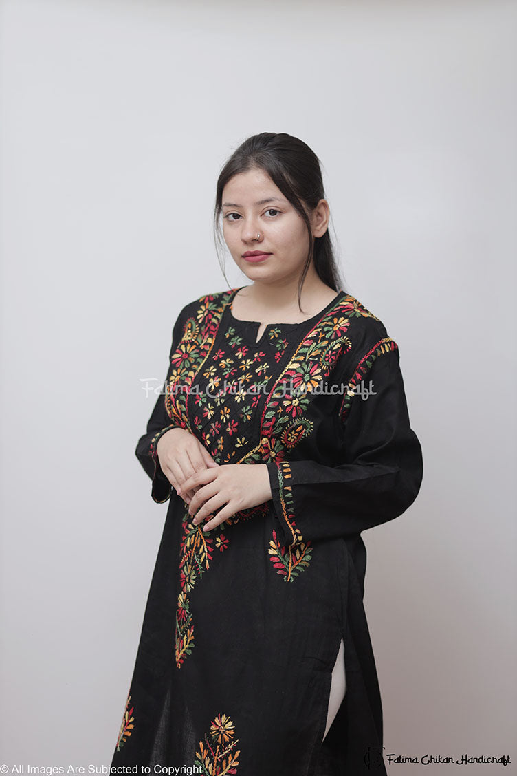 BLACK MULTI SAZIA COTTON STRAIGHT CHIKANKARI KURTI