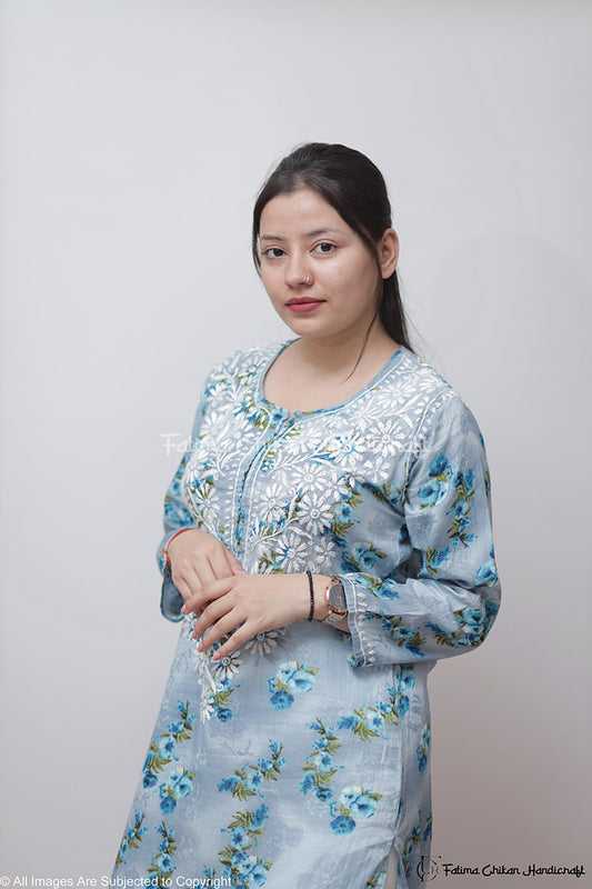 EILA LIGHT BLUE FLORAL MULMUL CHIKANKARI STRAIGHT KURTA