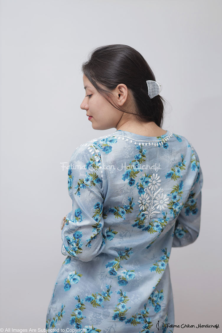 EILA LIGHT BLUE FLORAL MULMUL CHIKANKARI STRAIGHT KURTA