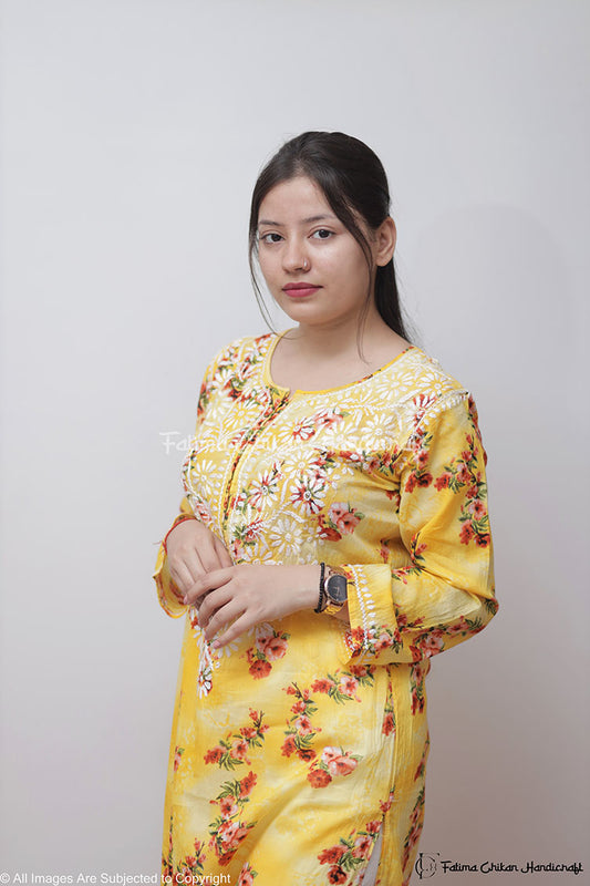 EILA YELLOW FLORAL MULMUL CHIKANKARI STRAIGHT KURTA