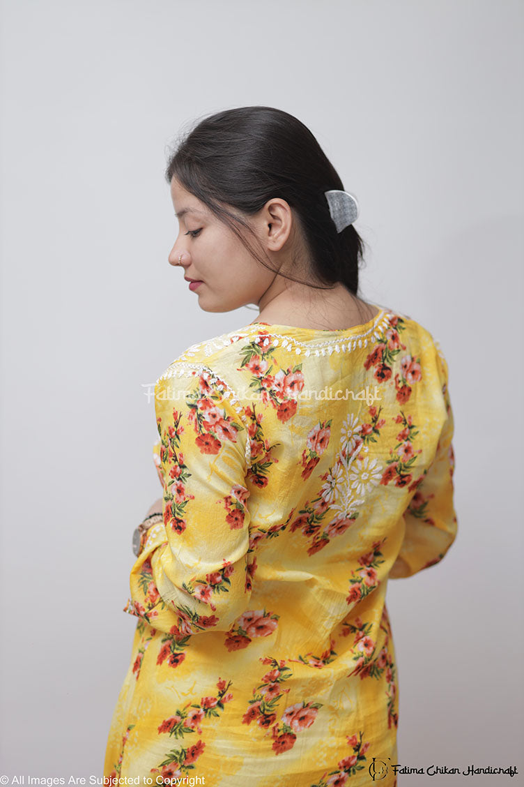 EILA YELLOW FLORAL MULMUL CHIKANKARI STRAIGHT KURTA