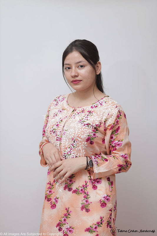 EILA PEACH FLORAL MULMUL CHIKANKARI STRAIGHT KURTA