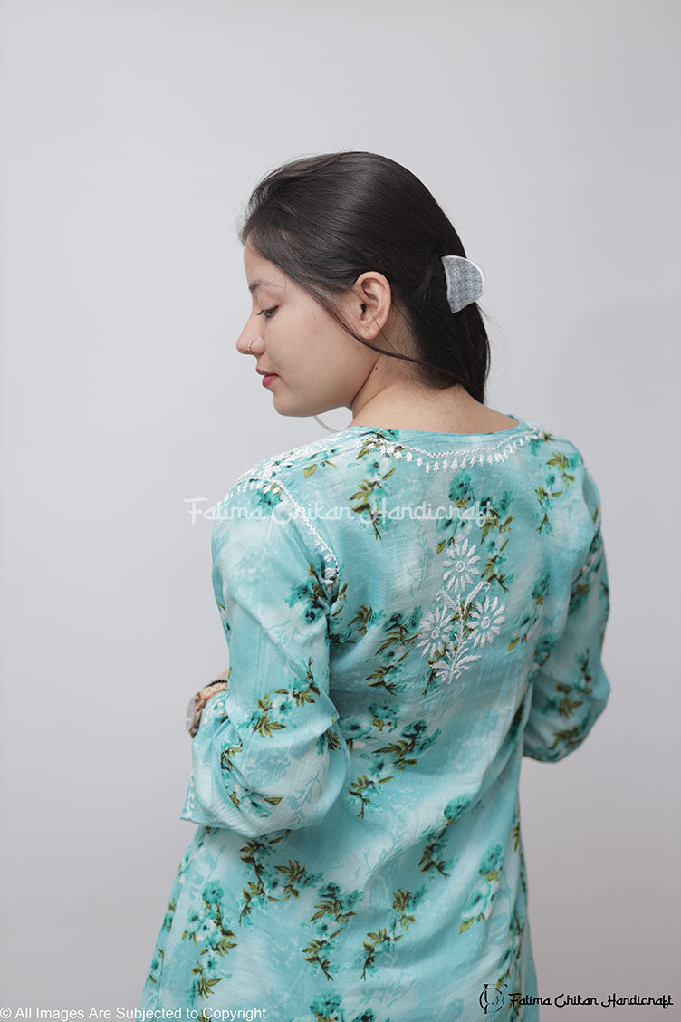 EILA TEAL FLORAL MULMUL CHIKANKARI STRAIGHT KURTA