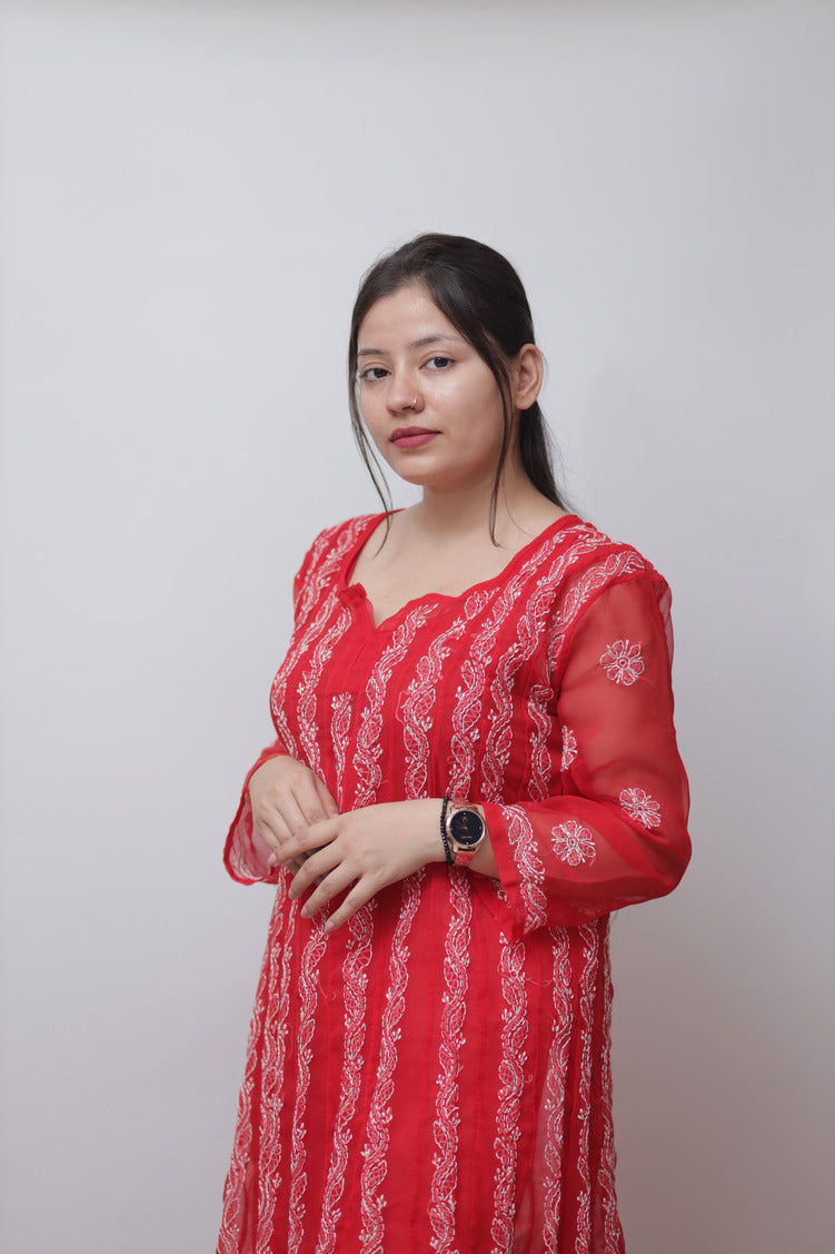NAAYLA RED GEORGETTE CHIKANKARI ANARKALI