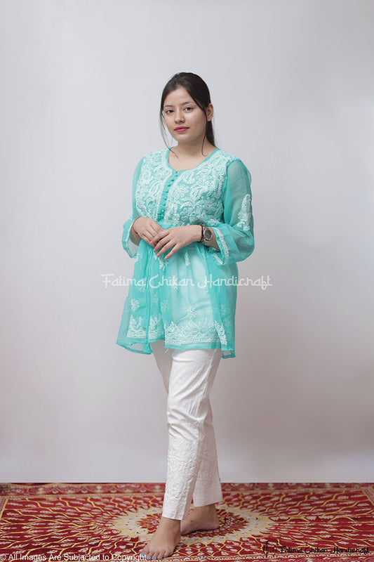 FALAK SKY BLUE GEORGETTE CHIKANKARI SHORT FROCK