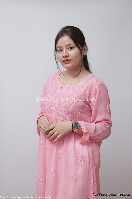 PINK IQRA VISCOSE CHIKANKARI PEPLUM TOP