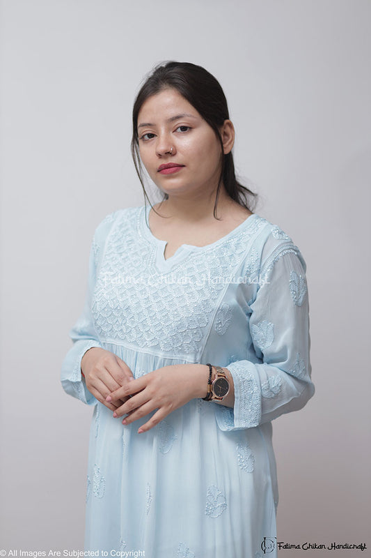 SKY BLUE IQRA VISCOSE CHIKANKARI PEPLUM TOP