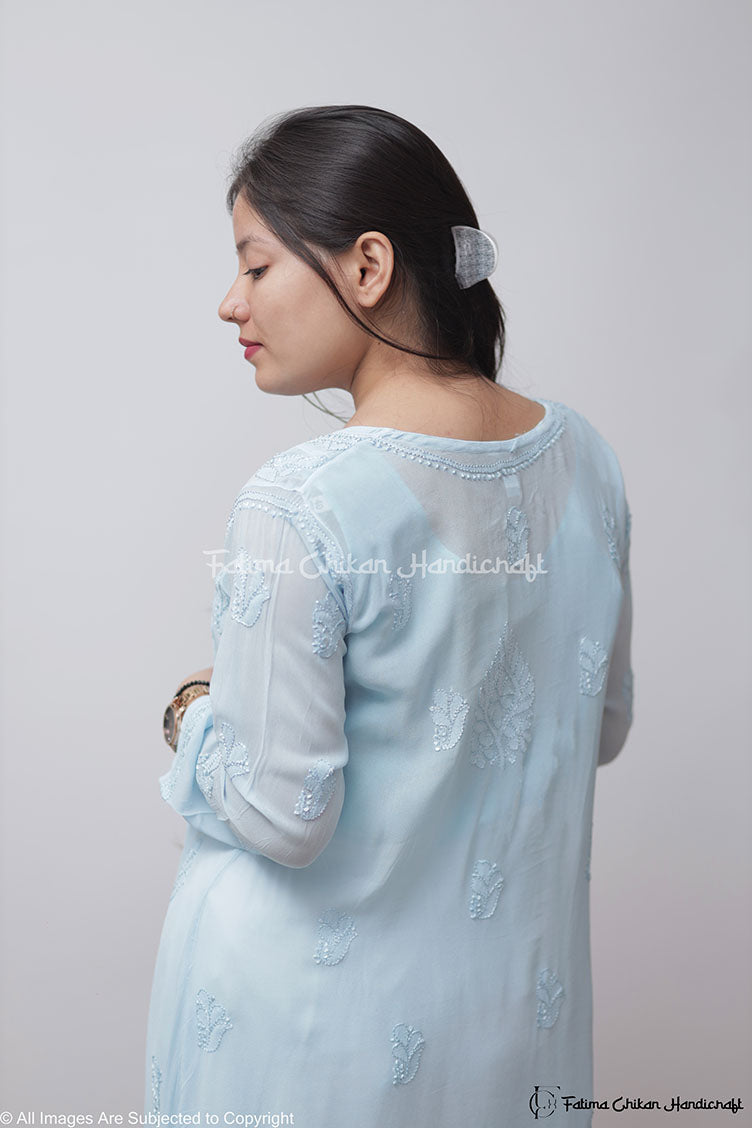 SKY BLUE IQRA VISCOSE CHIKANKARI PEPLUM TOP
