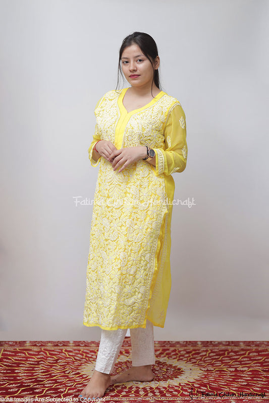 YELLOW ISRA GEORGETTE STRAIGHT CHIKANKARI KURT