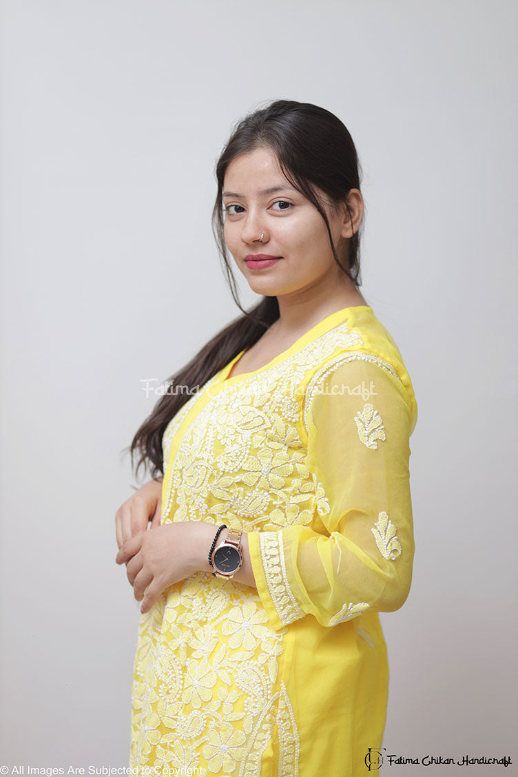 YELLOW ISRA GEORGETTE STRAIGHT CHIKANKARI KURT