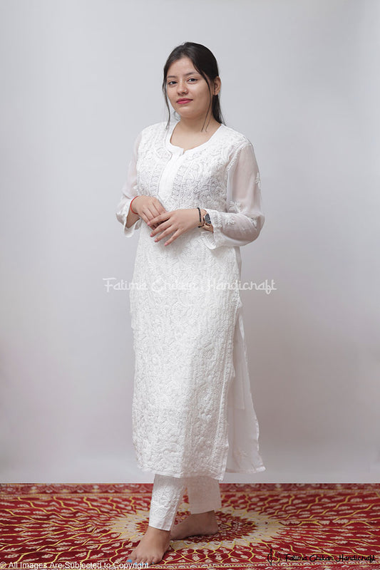 WHITE ISRA GEORGETTE STRAIGHT CHIKANKARI KURTI