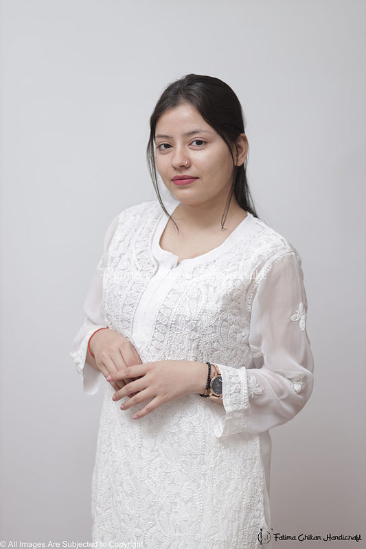 WHITE ISRA GEORGETTE STRAIGHT CHIKANKARI KURTI