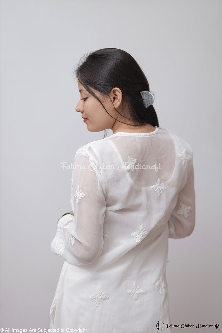 WHITE ISRA GEORGETTE STRAIGHT CHIKANKARI KURTI