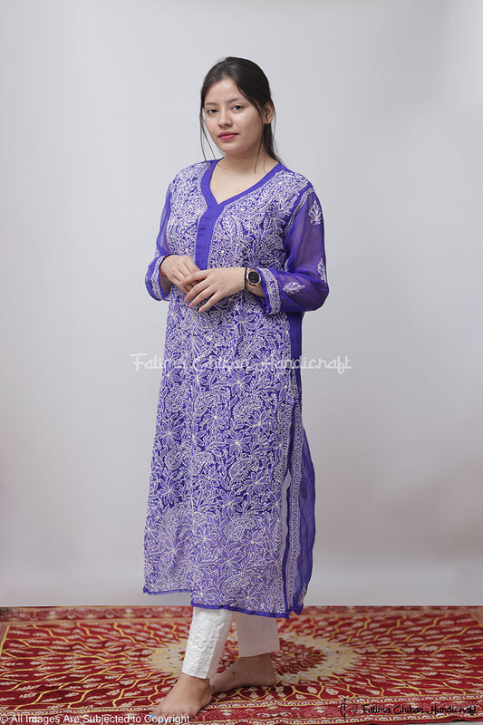 ROYAL BLUE ISRA GEORGETTE STRAIGHT CHIKANKARI KURTI