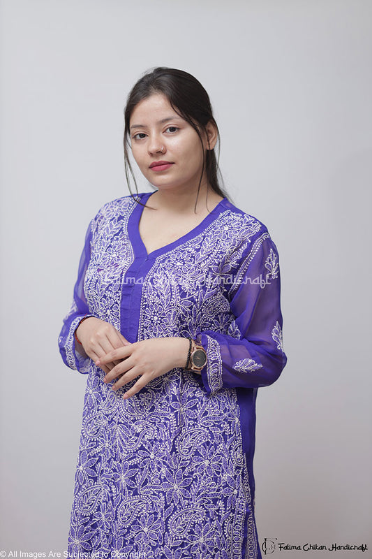 ROYAL BLUE ISRA GEORGETTE STRAIGHT CHIKANKARI KURTI
