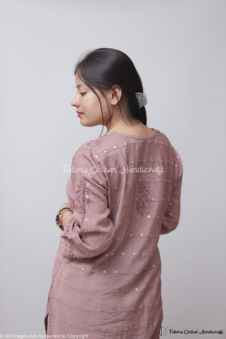 ADAB BROWN CHANDERI CHIKANKARI STITCHED SUIT SET