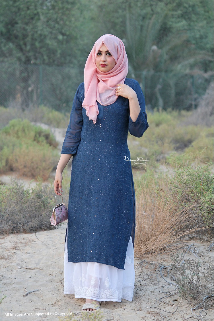 SUKAINA NAVY BLUE VISCOSE CHIKANKARI KURTA SET