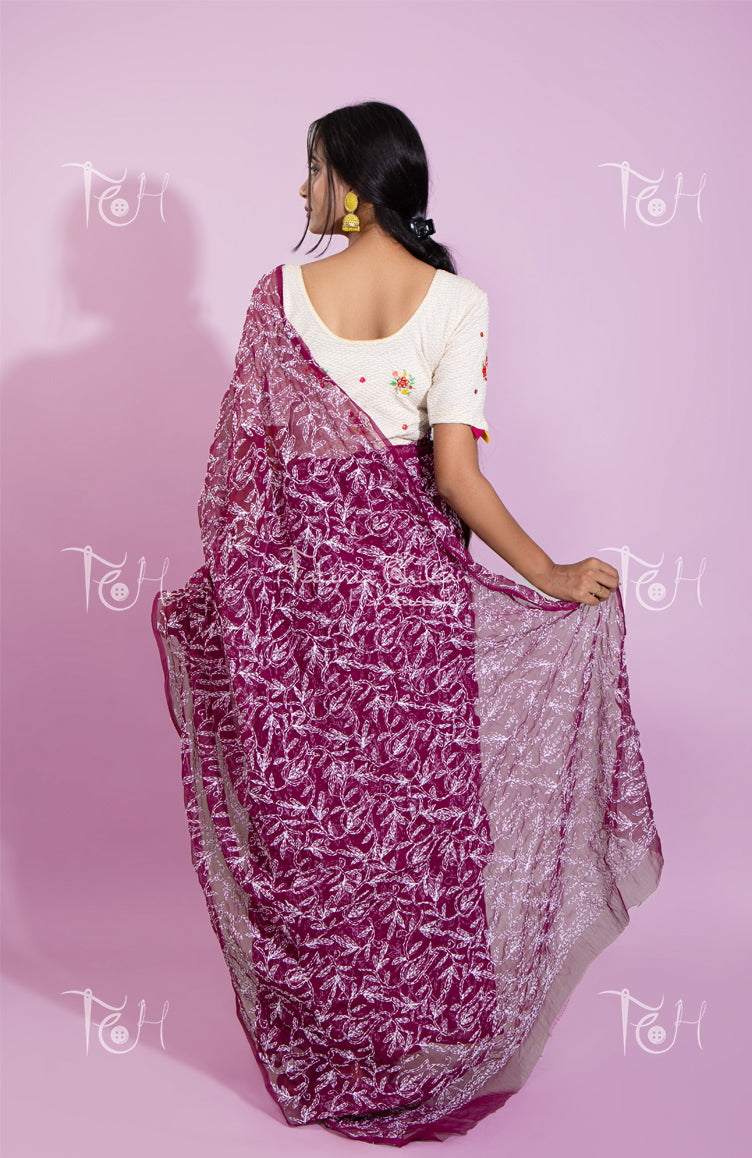 GEORGETTE WINE TEEPCHI CHIKANKARI SAREE