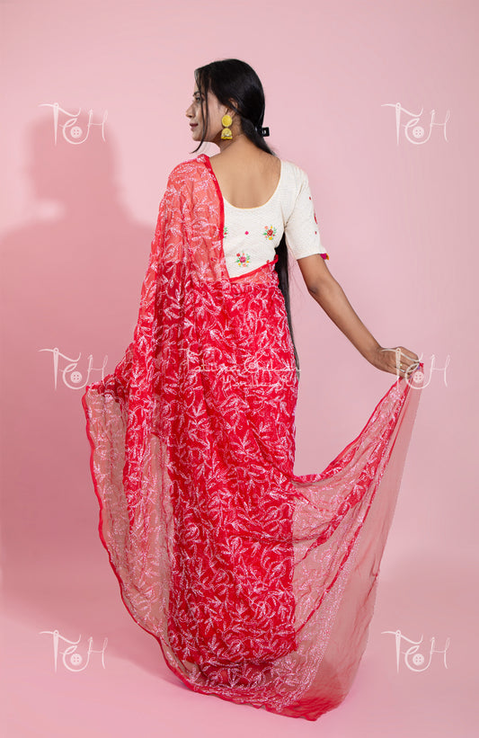 GEORGETTE RED TEEPCHI CHIKANKARI SAREE