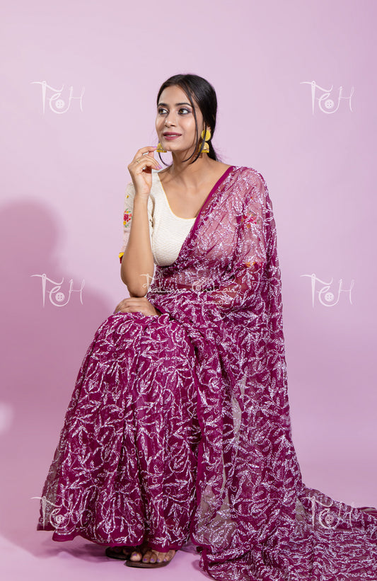 GEORGETTE WINE TEEPCHI CHIKANKARI SAREE