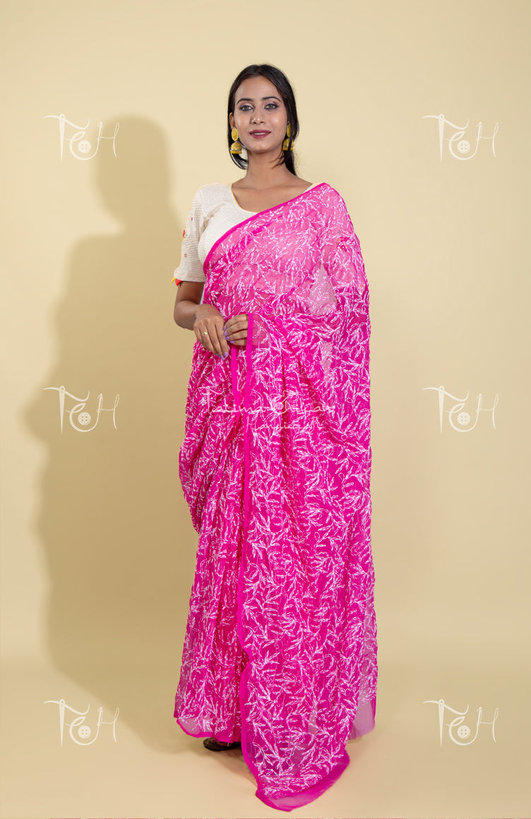 GEORGETTE DARK PINK TEEPCHI CHIKANKARI SAREE