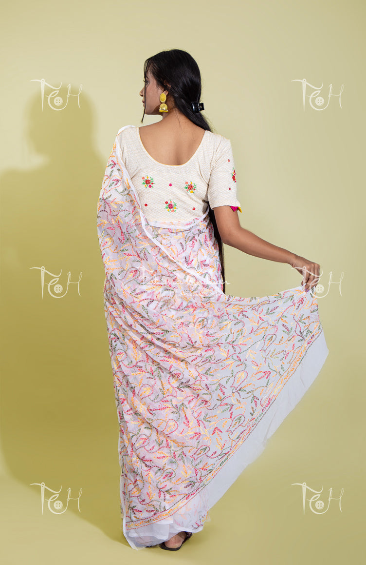 GEORGETTE WHITE MULTI CHIKANKARI SAREE