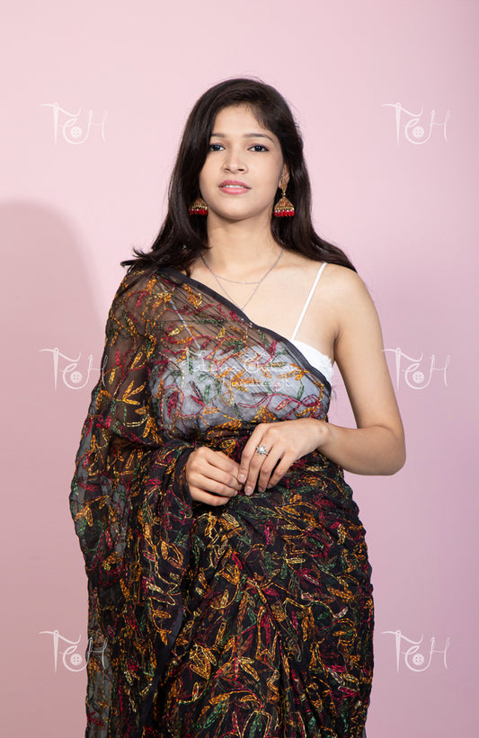 GEORGETTE BLACK MULTI CHIKANKARI SAREE