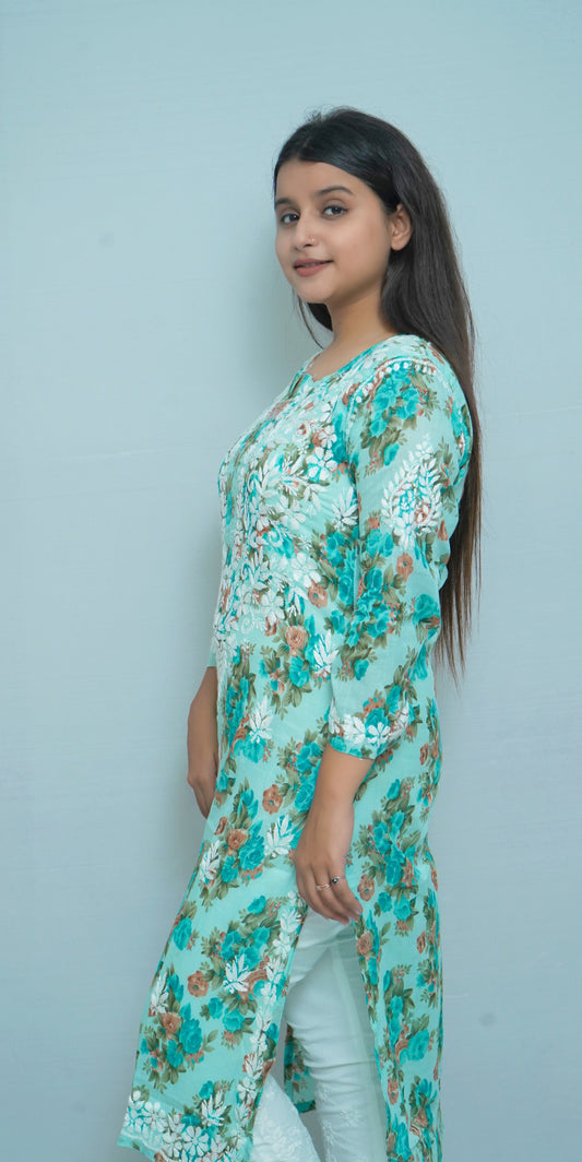 MULMUL PRINTED CHIKANKARI KURTI
