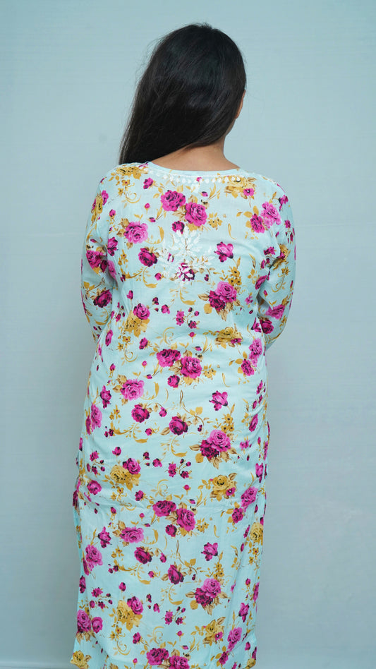 PRINTED MULMUL CHIKANKARI KURTA