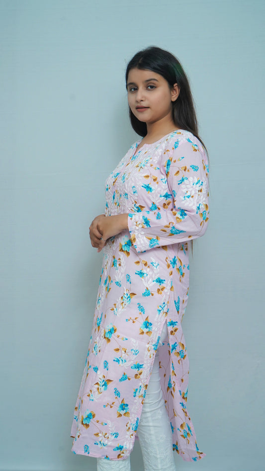 PRINTED MULMUL CHIKANKARI KURTA