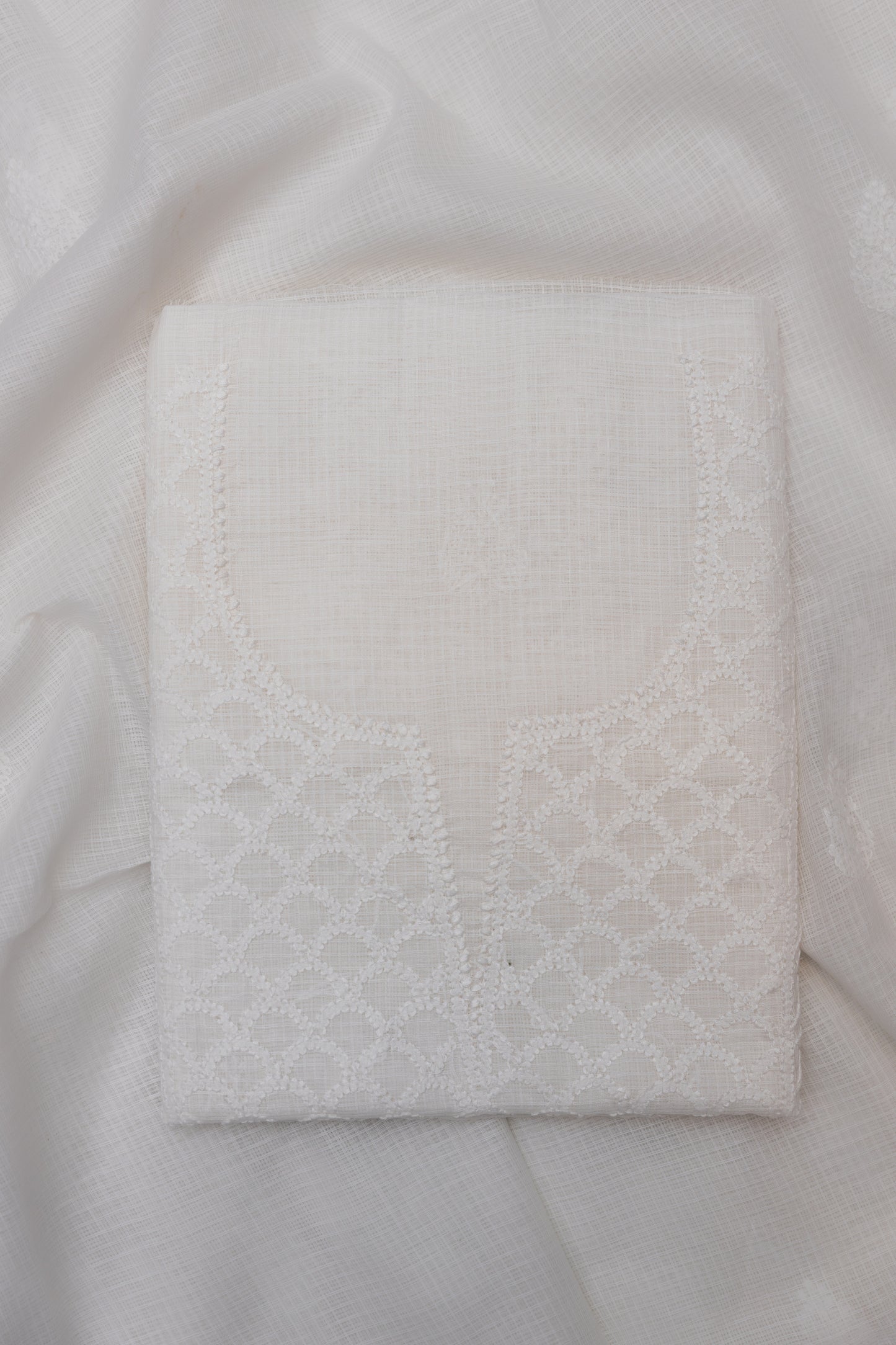 WHITE MAHI-JAAL SOFT KOTA DORIYA SUIT WITH KURASHIYA DUPATTA