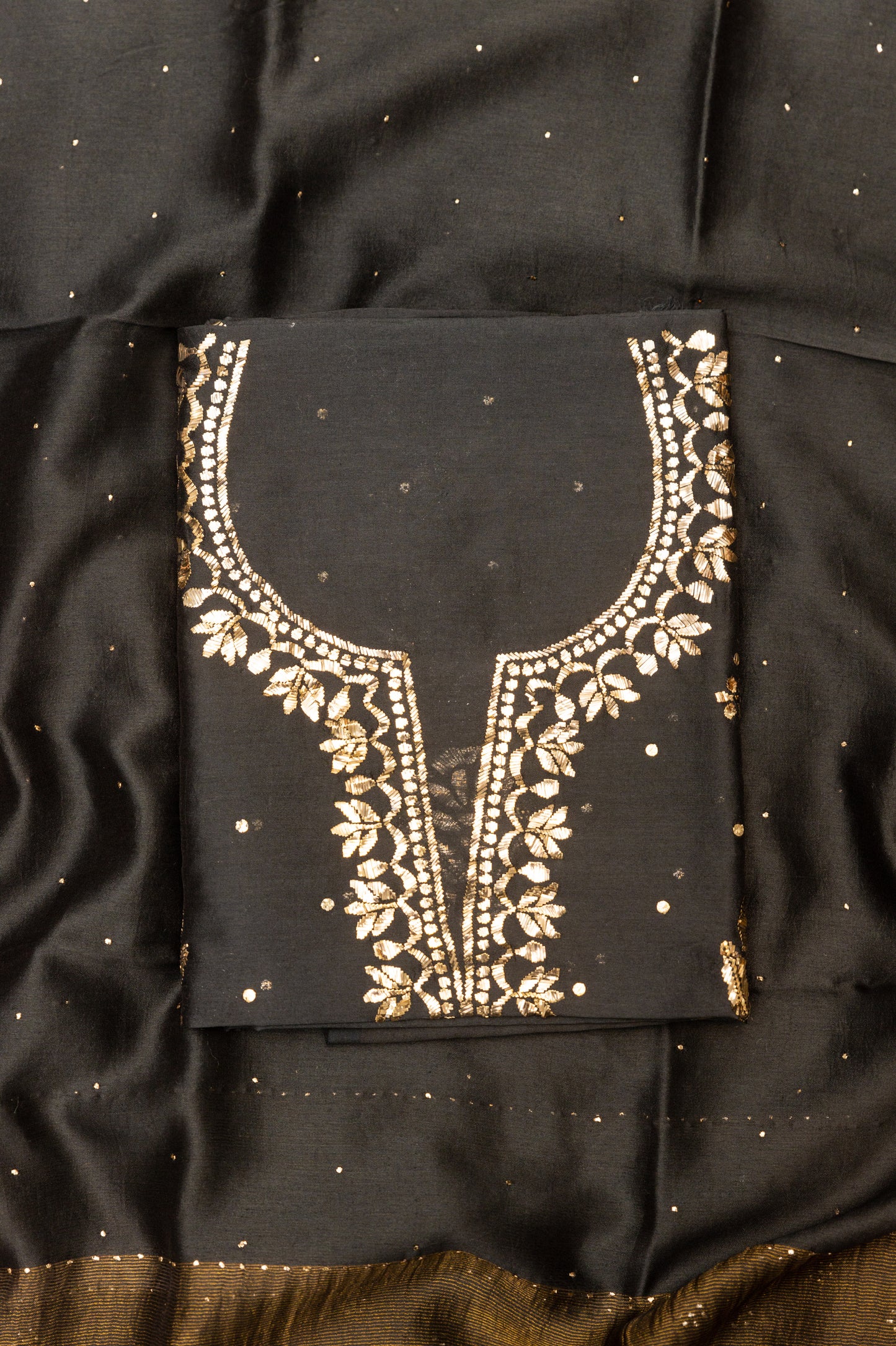 BLACK PURE CHANDERI SIKL SUIT AND DUPATTA ( HEAVY FANCY MUKESH)