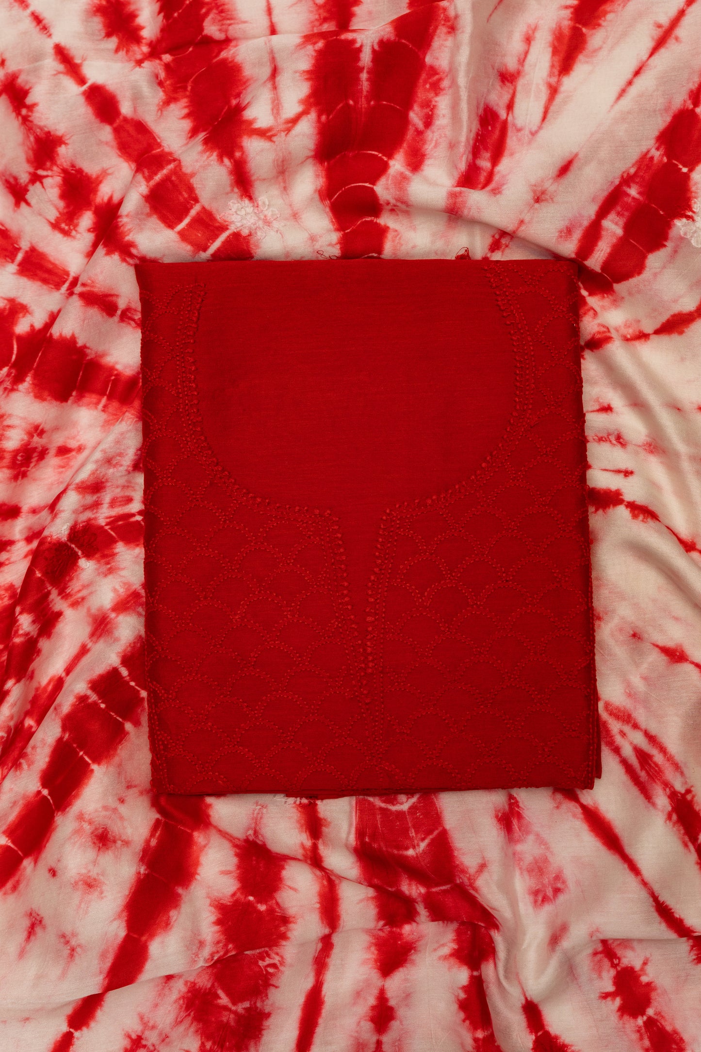 RED MAHI JAAL UNSTITCHED SUIT WITH DUPATTA {TIE AND DYE}