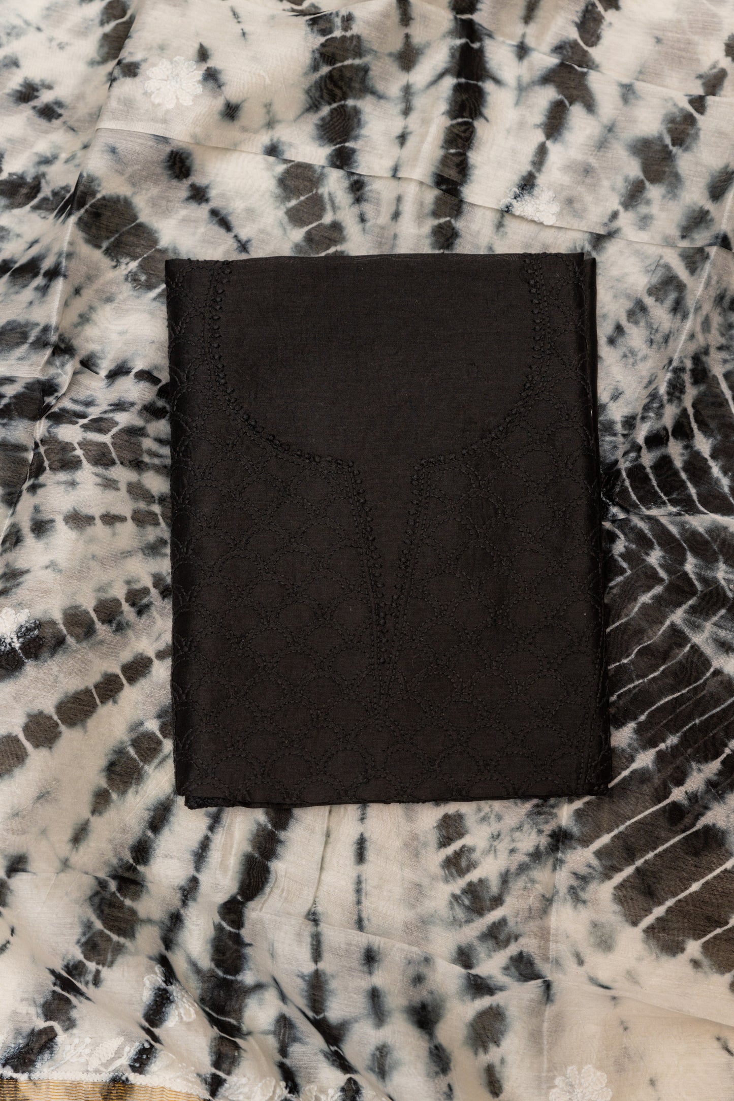 BLACK MAHI JAAL UNSTITCHED SUIT WITH DUPATTA {TIE AND DYE}