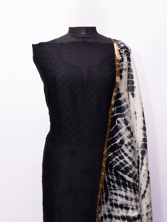 BLACK MAHI JAAL UNSTITCHED SUIT WITH DUPATTA {TIE AND DYE}