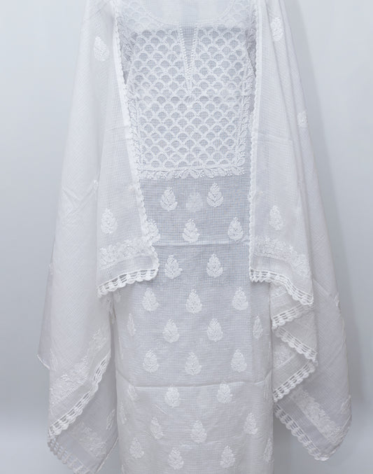 WHITE MAHI-JAAL SOFT KOTA DORIYA SUIT WITH KURASHIYA DUPATTA