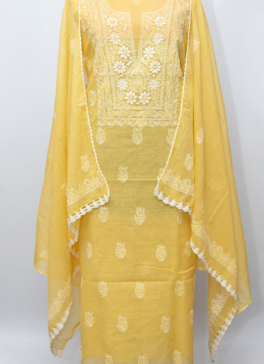 YELLOW SOFT KOTA DORIYA SUIT WITH KURASHIYA DUPATTA