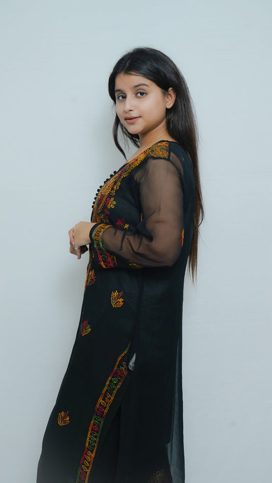 CHIKANKARI BLACK-MULTI GALABUTI SHARARA SET